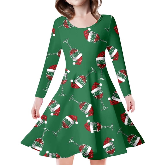 Girl Christmas Dress Christmas Print Long Sleeve Santa Dress Santa Outfit Holiday Party Dress 4-5 Years