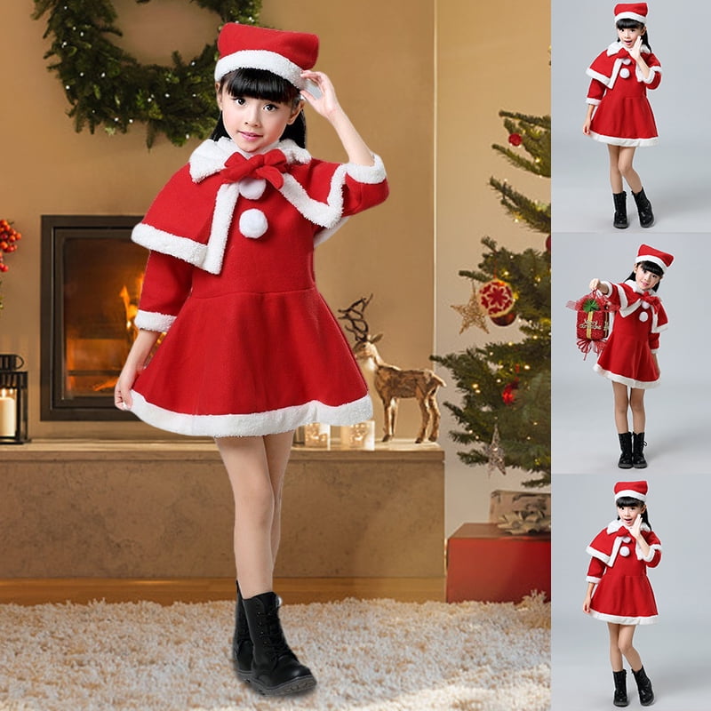 Girl Christmas Outfit Santa Claus Costume Red Longsleeved Dress with