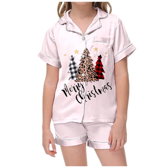 Girl Christmas Pajamas Christmas Satin Silk Pajama Set Short Sleeves Button Down Shirt Shorts Classic 2 Piece Sleepwear Christmas Pjs Kids Light Pink