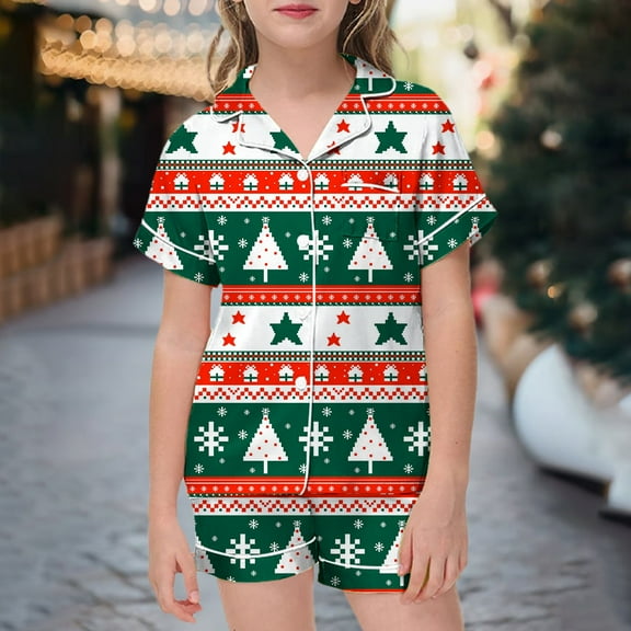 Girl Christmas Pajamas Christmas Satin Silk Short Sleeves Button Down Shirt Shorts Sleepwear 2 Piece Classic Loungewear Christmas Pjs for Girls Green