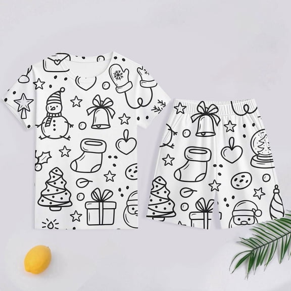 Girl Christmas Pajamas Coloring Christmas Themed Sleepwear Short Sleeve Top Pants Festive Pajama Set Christmas Pjs for Girls White