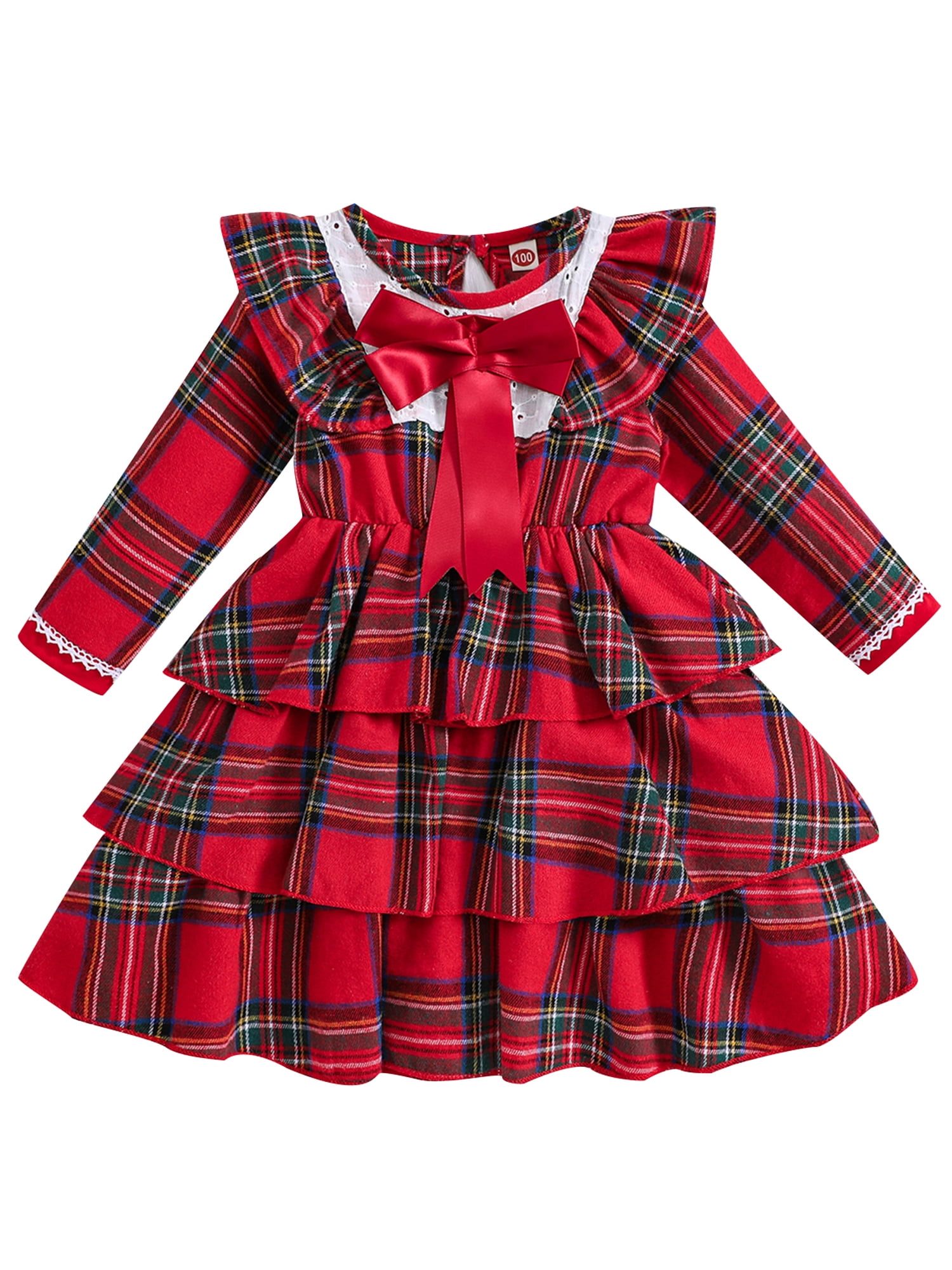 Girl Christmas Plaid Print Long Sleeve ALine Cake Dress with Bowknot