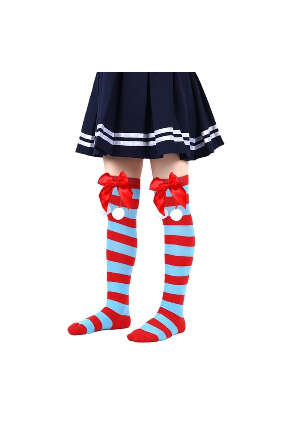 Girl Christmas Thigh High Socks Striped Teen Girls Over the Knee Long Socks with Bowknot Holiday Knit Stockings Gift