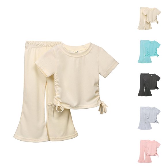 Girl Clothes Girls Clothing Sets Girls Clothes Summer Solid Knit Short Sleeve T Shirt Tee Flare Pants Set Toddler Bell Bottoms Outfit
