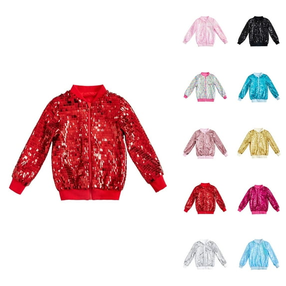 Girl Clothes Girls Coats Sequin Jackets Girls Solid Color Long Sleeve Zip Up Jacket For Kids Christmas Shiny Fashion Clothes