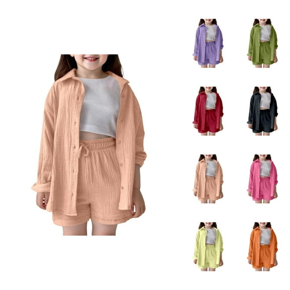 Girl Clothes Girls Set Girls Outfits & Sets Casual Playwear School Summer Fall Spring Toddler Kids Shirt Shorts Set Comfortable Pure Color Turn Down Collar Elastic Waist