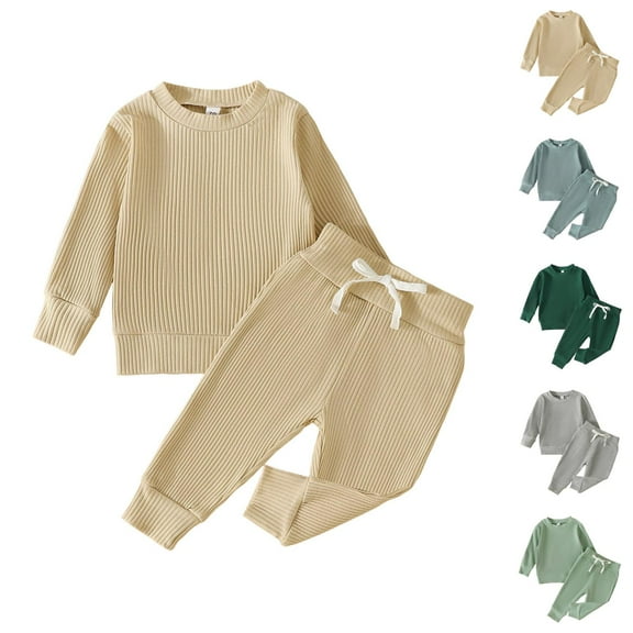 Girl Clothes Girls Sets Toddler Girls Boys Winter Long Sleeve Ribbed Solid Color Tops Pants 2PCS Outfits Clothes Set
