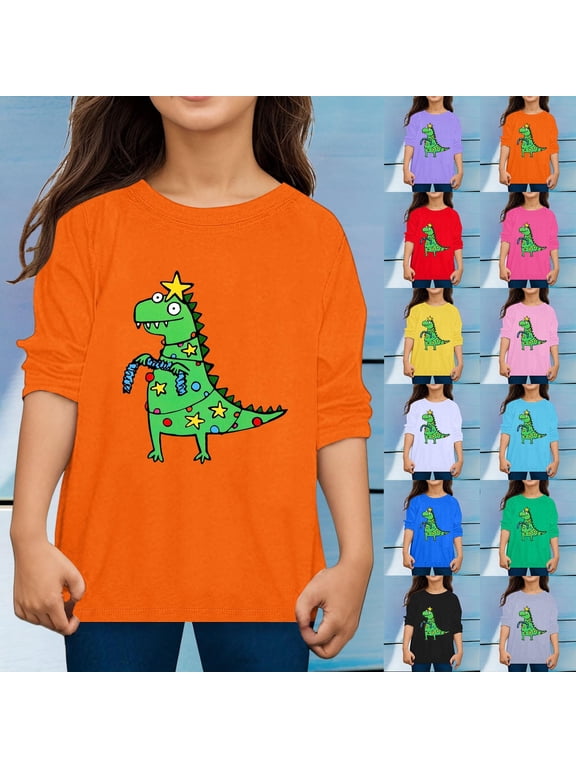 Girl Clothes Girls Shirts Long Sleeve Unisex Toddler Boys Girls Fall Christmas Dinosaur Cartoon Print T Shirt, Holiday Casual Kids Top Girls School Uniform Clothes