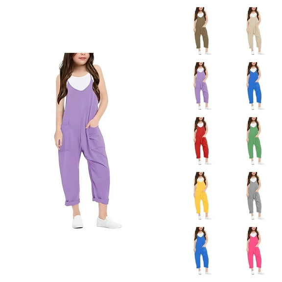Girl Clothes Pants Girls Girls' Fashion Casual V Suspender Romper Solid Color Loose Casual Romper With Pocket Features: