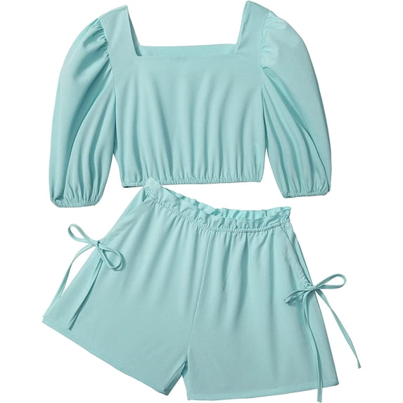 Girl Clothes Set 2 Piece Outfits Fashion Square Collar Puff Sleeve Crop Top Drawstring Pocket Shorts for Summer7-8Years