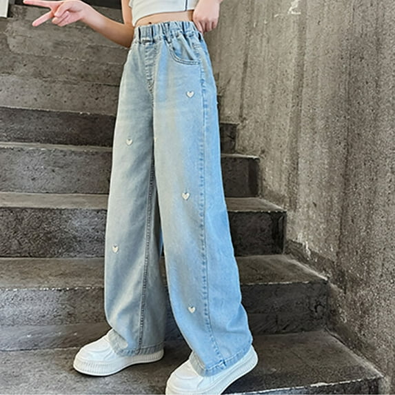 Girl Clothes Size 10-12 Jeans Ripped Legging for Girls Skinny Denim Jeans High Elastic Waist Casual Tights Trendy Y2k Streetwear Pants Cute Wide Leg Casual Denim Pants with Pocket