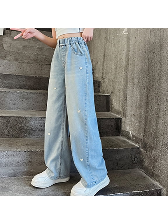 Girl Clothes Size 10-12 Jeans Youth Girls Stylish Cotton Jeans Elastic High Wasited Y2k Ripped Baggy Denim Pants Cute Skinny Trousers for Girls Denim Pants with Pockets