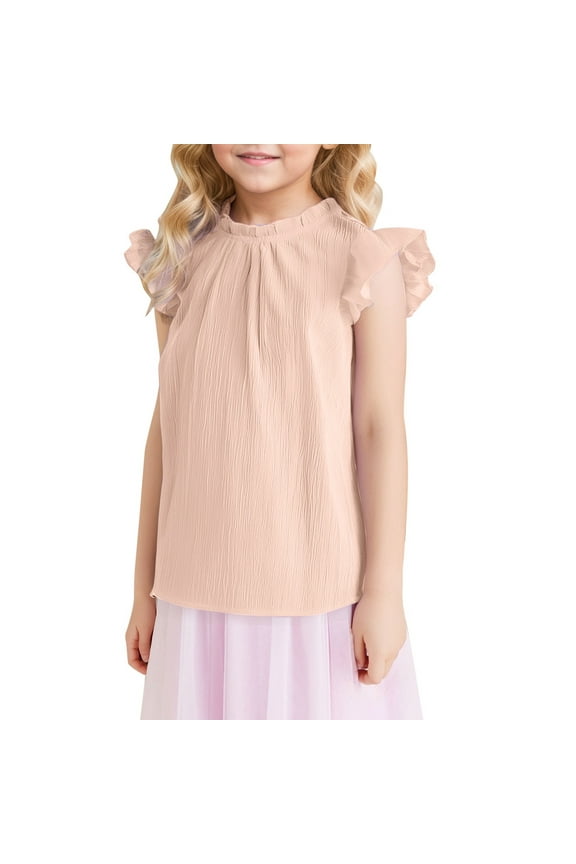 Girl Clothes Solid Color Ruffled Short Sleeve Fashion Casual Cute Girl Ruffled Neck Pleated Texture Shirt