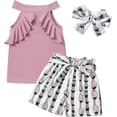 thumbnail image 1 of Girl Clothes Summer Silk Scarf Sets Sleeveless T-shirt Top+Stripe Shorts+Headband 3Pcs Set2-3Years, 1 of 6