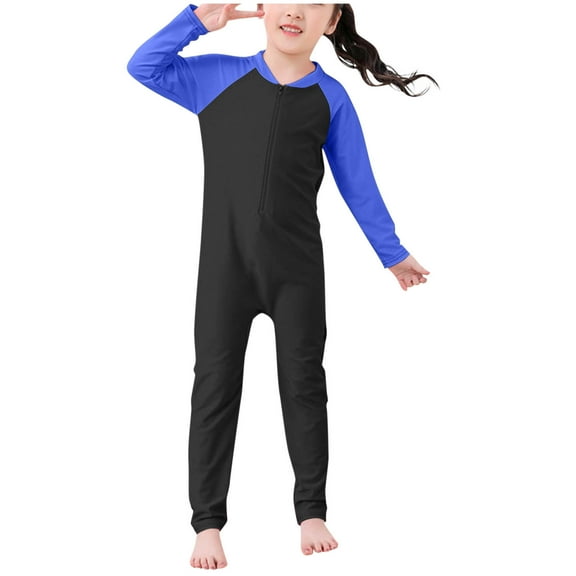 Girl Color Block Surfing Swimsuits Long Sleeve Diving Jumpsuit Bathing Suits Rash Guard Full Coverage One Piece Swimwear, Blue, 8 Years