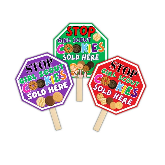 Girl Cookies Sold Here Stop Sign 6pk with Wood Sticks Red, Green, and Purple Mixed 10x10 Cardboard Hand Held Troop Sale Leader Number Goal Boxes