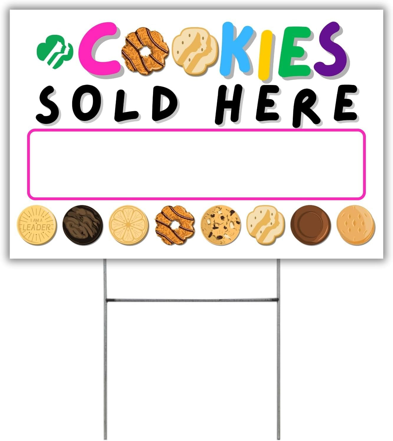 Girl Cookies Sold Here Yard Sign with H Frame Stake 12 x 18 Scout Colorful Stop Buy Cookie Box Door Hanger Reorder Troop Number Sales Goals
