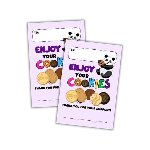 Girl Cookies Thank You Reorder Scout Cards 30 pk 4.25x5.5 Tags Purple Panda Door Hanger Troop Number Contact Information Postcard Cookie Box Labels