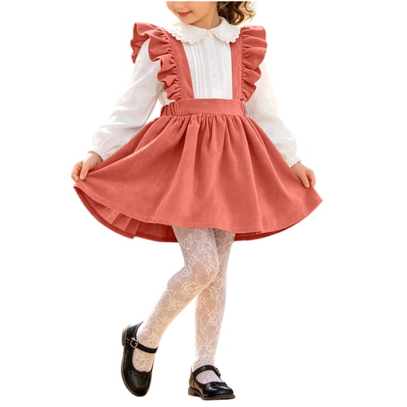 Girl Corduroy Suspender Skirt, Ruffled Shoulder Straps A-Line Pinafore Skirt, Elastic Waist Flowy Overall Skirt Pink 5-6 Years