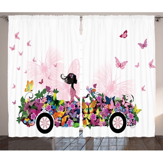 Ambesonne Cars Curtains 2 Panel Set, Floral Auto Butterflies Print, 108" x 90", Multicolor