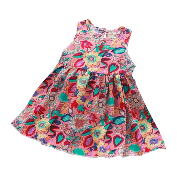 Girl Cute Sundress Sleeveless Floral Summer Dress Cotton Comfort Peplum Dresses Holiday Beach, Hot Pink, 2 Years