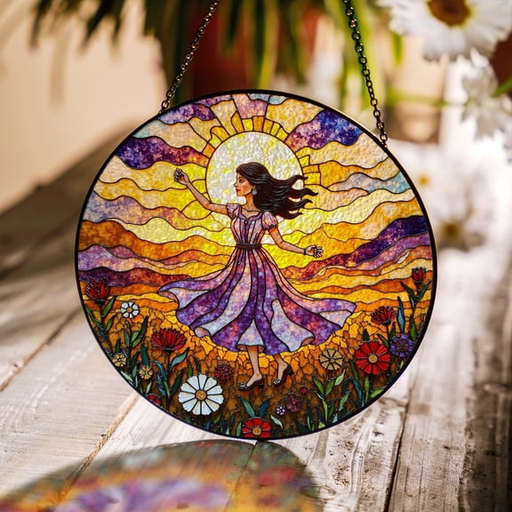 Girl Dancing Sunset Field Stained Glass Suncatcher, Artistic Window Hanging, Heartwarming Gift for Mom Spring Birthday