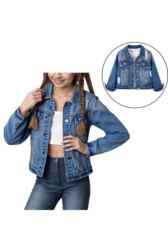 Girl Denim Jacket Long Sleeve Button down Blue Jean Jacket Girls Lightweight Jacket Girls Jean Jacket Size 6-7 Years