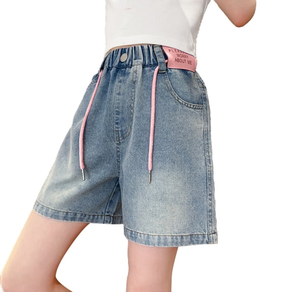 Girl Denim Shorts Elastic Waist Loose Denim Shorts with Pockets Kids Jeans 5-6 Years