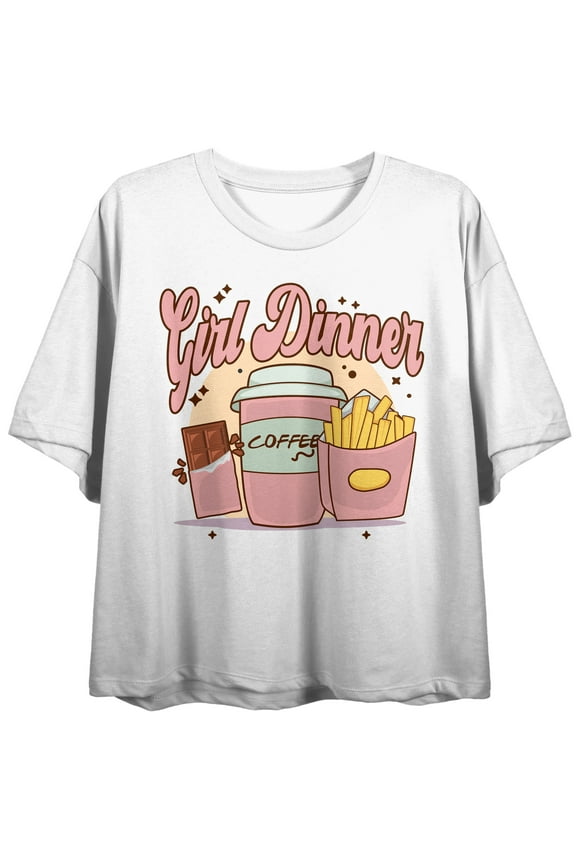 Girl Dinner Chocolate Coffee & French Fries Crew Neck Short Sleeve Women's White Crop Top-Medium