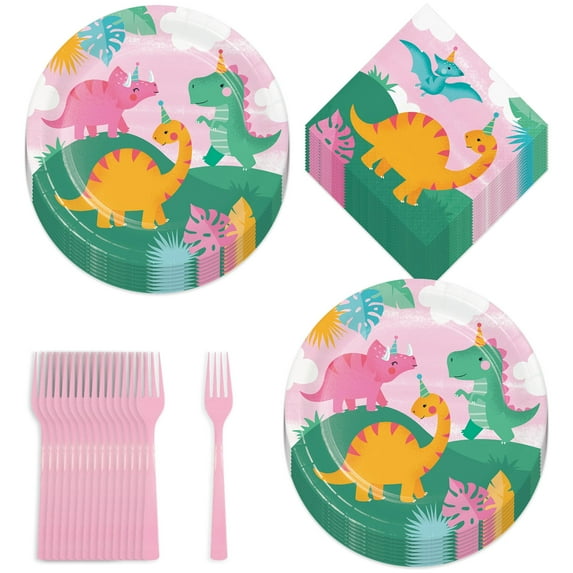 Girl Dinosaur Party Supplies - Yellow, Mint, & Pink Dino Round Paper Dessert Plates, Beverage Napkins, and Forks (16 Plates, Napkins, & Forks)