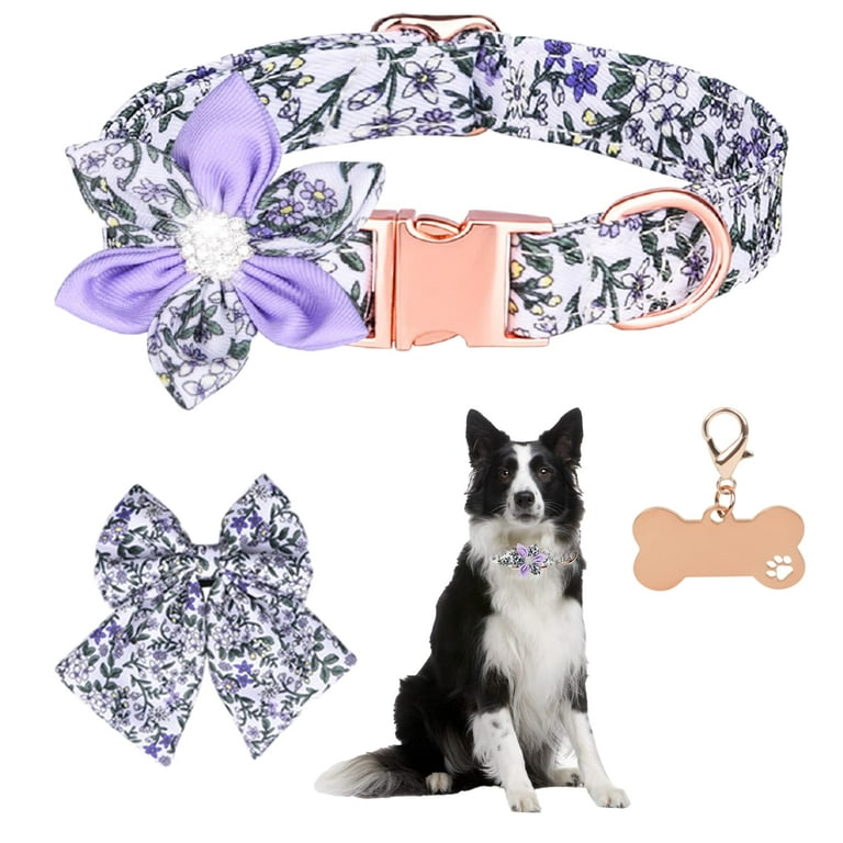 Girl Dog Collars with Flower for Small Medium Large Dogs, Cute Purple Dog  Collar for Female Dogs with Detachable Flower with Flower Bow Tie Ribbon  with Dog Tag, Fit Necks (L, Light