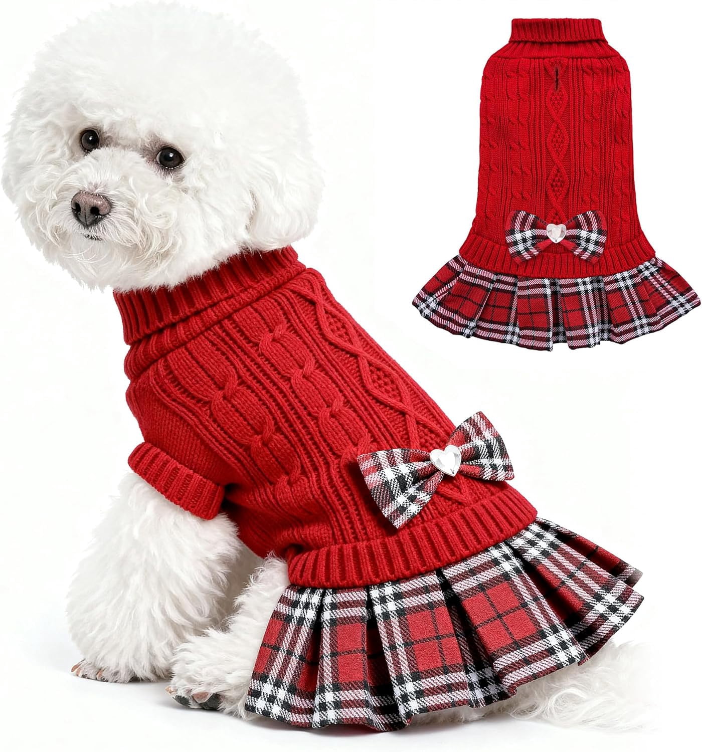 Girl Dog Sweater Dress with Bowtie Turtleneck Small Dogs Sweater with Leash Hole, Knitted Small Dog Sweaters Dress Puppy Winter Clothes for Yorkies Chihuahua (Large, Red)