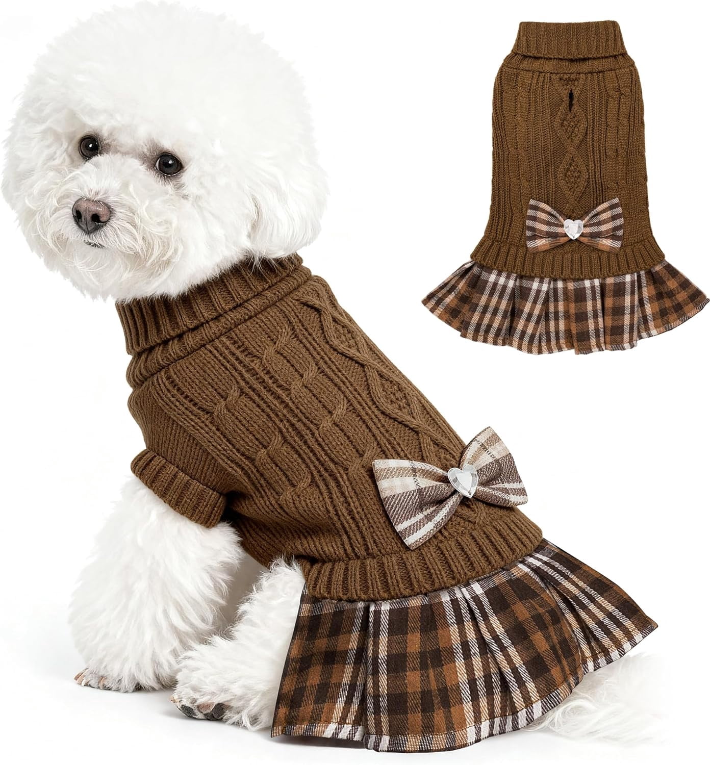 Girl Dog Sweater Dress with Bowtie Turtleneck Small Dogs Sweater with Leash Hole, Knitted Small Dog Sweaters Dress Puppy Winter Clothes for Yorkies Chihuahua (Large, Brown)