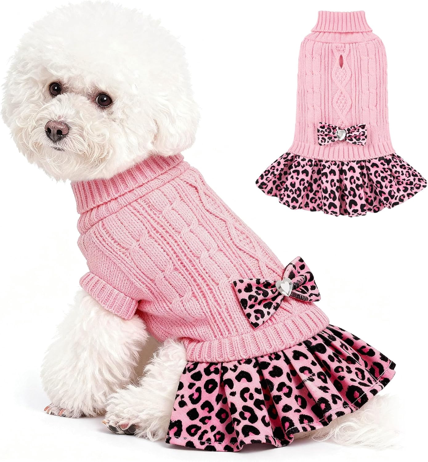 Girl Dog Sweater Dress with Bowtie Turtleneck Small Dogs Sweater with Leash Hole, Knitted Small Dog Sweaters Dress Puppy Winter Clothes for Yorkies Chihuahua (S, Pink Leopard)