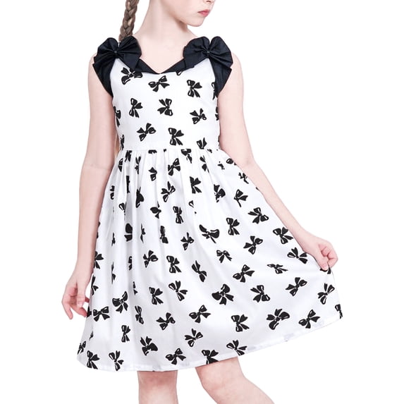 Sunny Fashion Girl Dress Black White Bow Tie Sleeveless Sundress Cotton Butterfly 10 Years