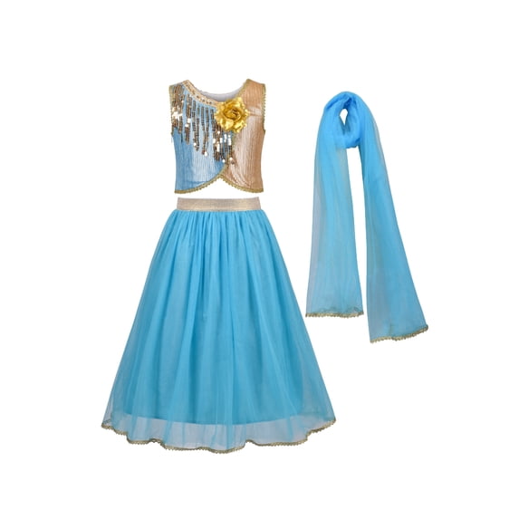 Girl Dress Blue Gold 3 Piece Tutu Sequin Ethnic Lehenga Choli Duppata 8 Years