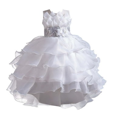 Girl Dress Kids Ruffles Lace Party Wedding Dresses Cute Bowknot Waist Evening Puffy Gown Dress White 120