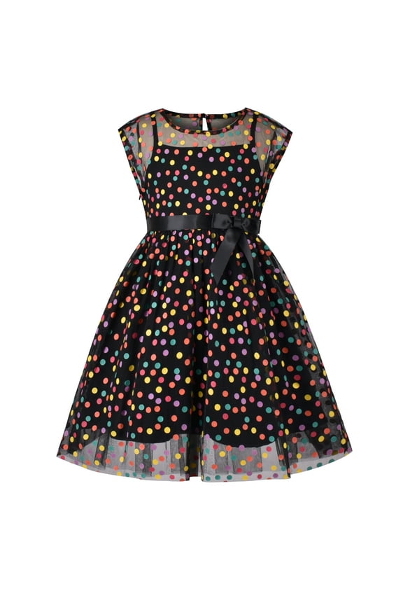 Girl Dress Multicolor Rainbow Polka Dot Black Tulle Party Gown 10 Years