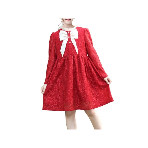 Girl Dress Red Floral Bow Tie Ruffle Collar Pearls Button Lace Christmas 7 Years