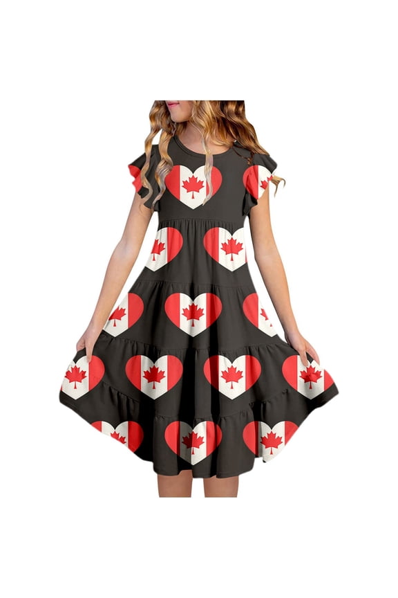 Girl Dress Toddler Girls Canada Day Floral Dress Maple Leaf Print Tiered A Line Flutter Sleeves Pockets Comfortable Party Dress for Canadian Holiday Celebration Black 120