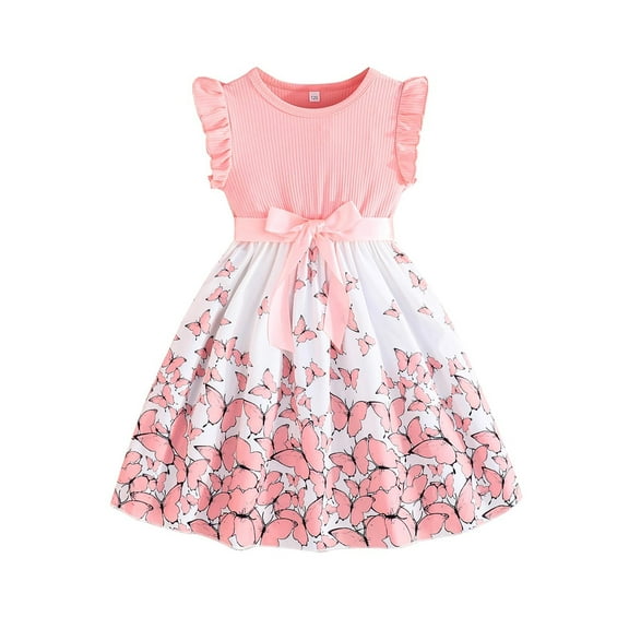 Girl Dresses Butterflies Print Bowknot Ruffle Sleeves A Line Round Neck Dresses Dress for Girls Pink 9-10 Years
