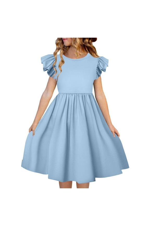 Girl Dresses Children Kids Fly Sleeve Crew Neck Dresses Summer Ruffle Sleeve Dress Baby Girl Dress Blue 4 Years-5 Years