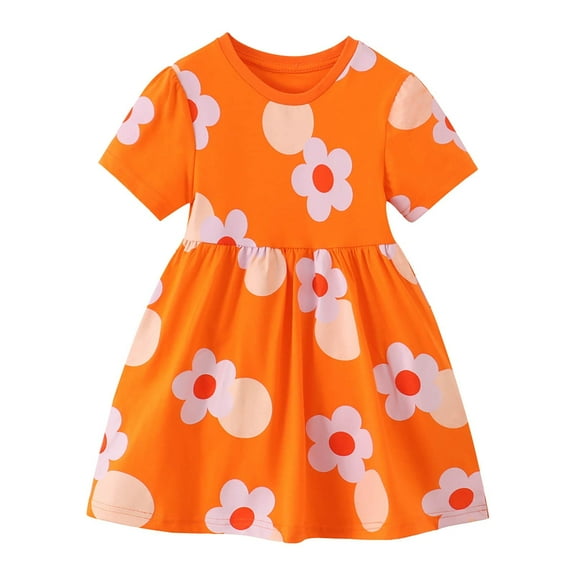 Girl Dresses Flower Prints Ruffle Trim Round Neck Flared A Line Ruffled Dress Baby Girl Dress A 6 Years-7 Years