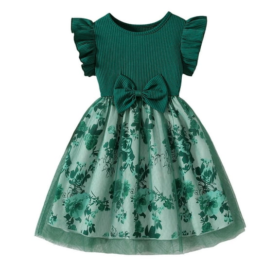 Girl Dresses Flutter Sleeve Bow Knot Floral Print Mesh Layered Casual Party Dress Toddler Dress Green 18 Months-24 Months