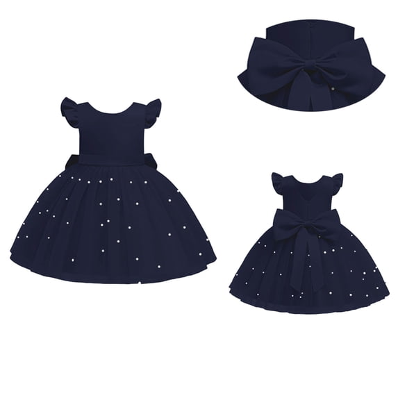 Girl Dresses Flutter Sleeve Navy V-Back with Big Bow Pageant Dresses for Girls Primary School Graduation 7-8 Years
