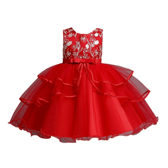 Girl Dresses Gown Party Sleeveless Flowers Jacquard Lace Tulle Tutu Dresses Dress for Girls Red 9-10 Years