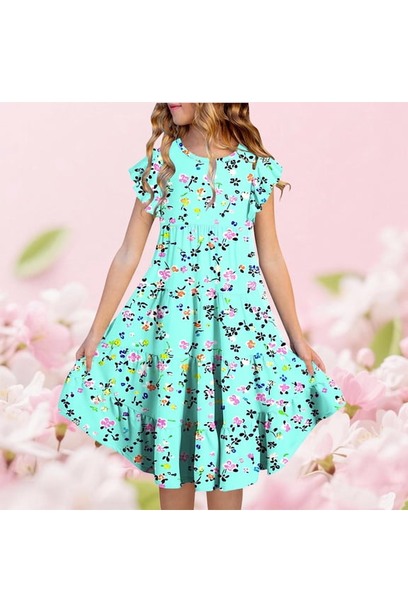 Girl Dresses Kids Flutter Sleeve Floral Tiered Party Summer Casual Play Dress Toddler Girl Dress Mint Green 12-13 Years