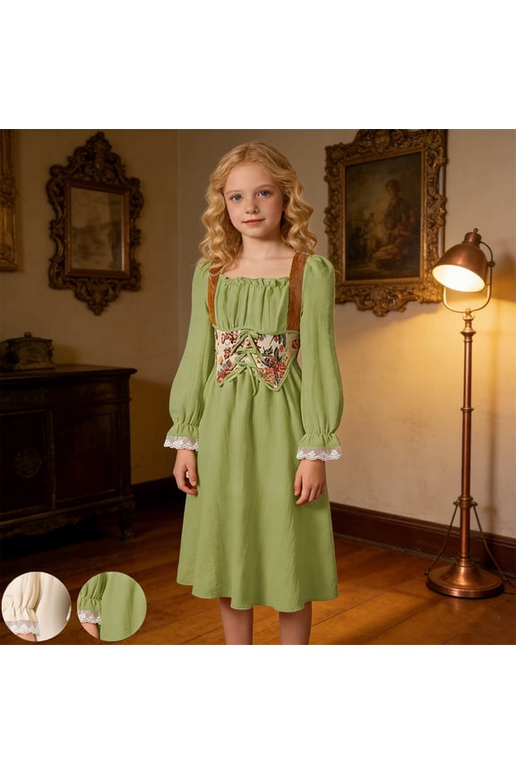 Girl Dresses Kids Medieval Long Sleeve French Court Style Elegant Party Gown Toddler Girl Dress Green 9-10 Years