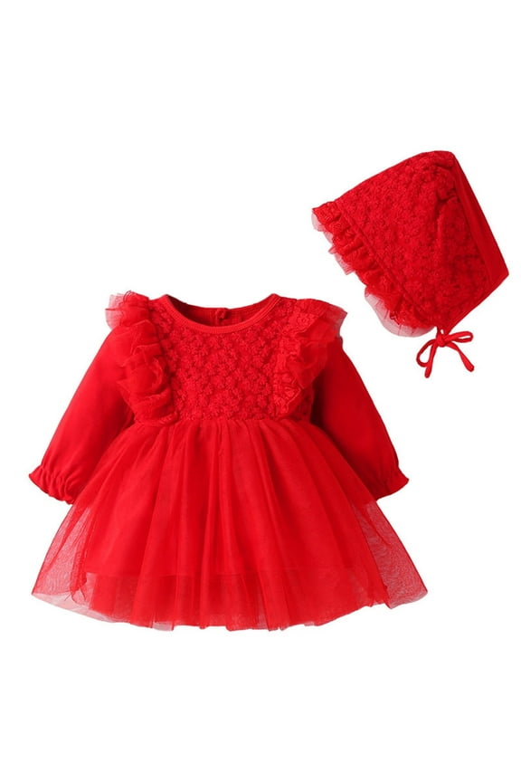 Girl Dresses Kids Solid Spring Winter Lace Long Sleeve Tulle Princess Dress Clothes Baby Dress Red 3 Months-6 Months