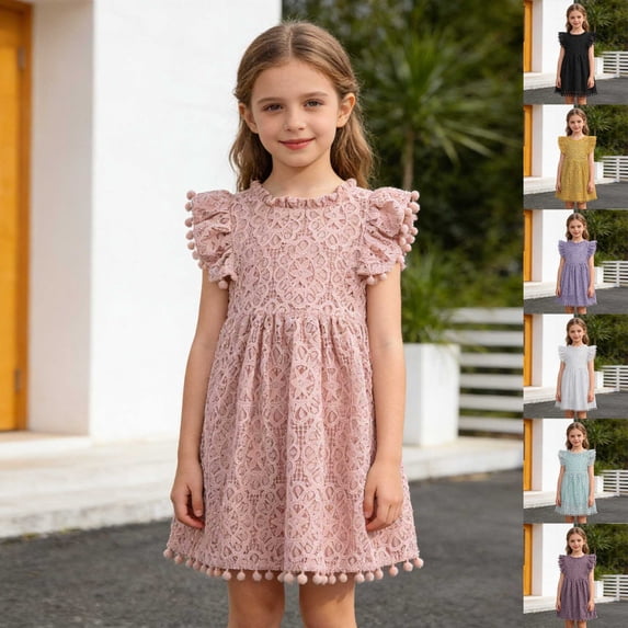 Girl Dresses Lace Hollow Out Flutter Sleeve Summer Party Gown Baby Girl Dress Blue 7-8 Years